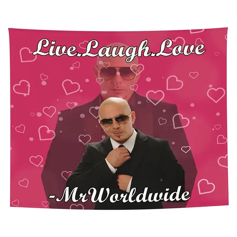 Pink and purple bulldog fun tapestry featuring a bald man in sunglasses and black suit with text live decorbites bulldog fun