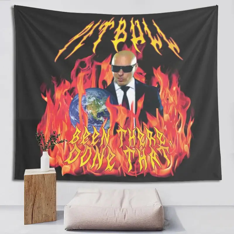 Black fabric bulldog fun tapestry with fiery globe design and zitbull text for decorbites bulldog fun wall hanging