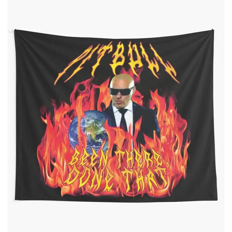 Pink and purple bulldog fun tapestry bedroom wall hanging featuring a fiery black fabric design with a man holding earth decorbites bulldog fun
