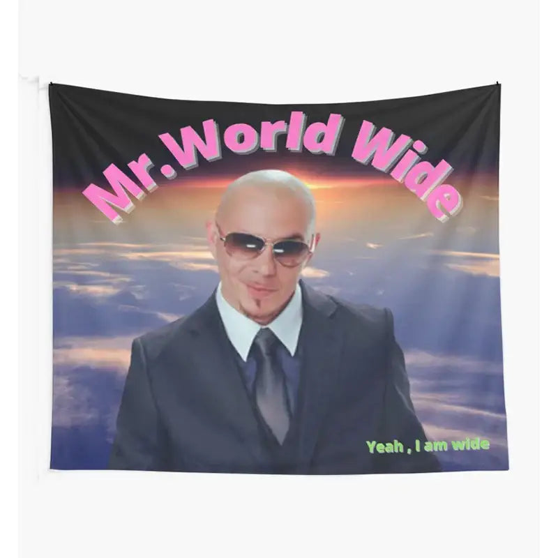 Black fabric bulldog fun tapestry featuring a bald man in sunglasses and suit against sunset sky by decorbites