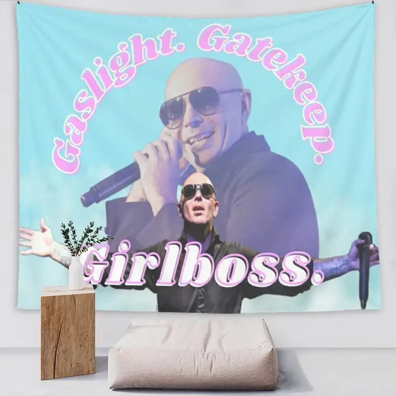 A light blue decorbites bulldog fun tapestry featuring a bald man in sunglasses and text gaslight for bedroom wall decor