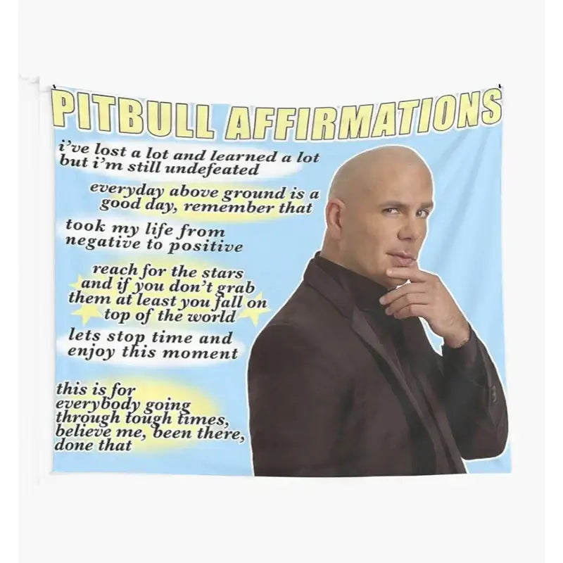 Light blue decorbites bulldog fun tapestry with bald man in dark suit and motivational pitbull affirmations text