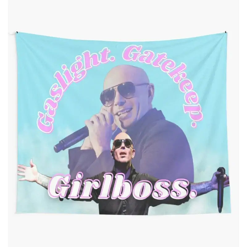 A light blue decorbites bulldog fun tapestry featuring a bald man in sunglasses holding microphones for bedroom decor