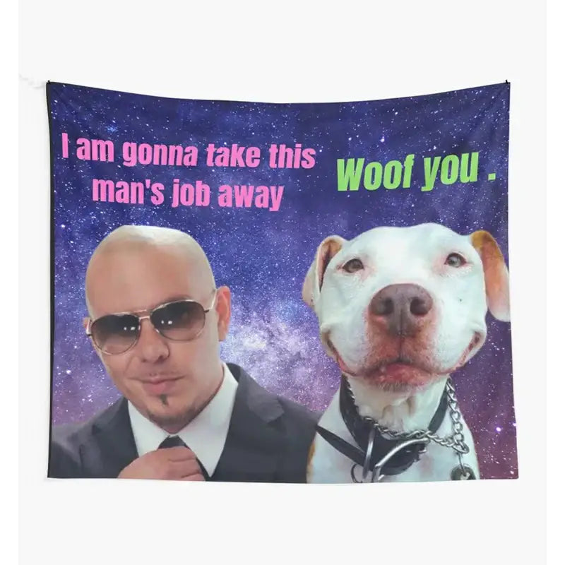 Rectangular pink and purple bulldog fun tapestry featuring a bald man with sunglasses and white pitbull against starfield decorbites bulldog fun