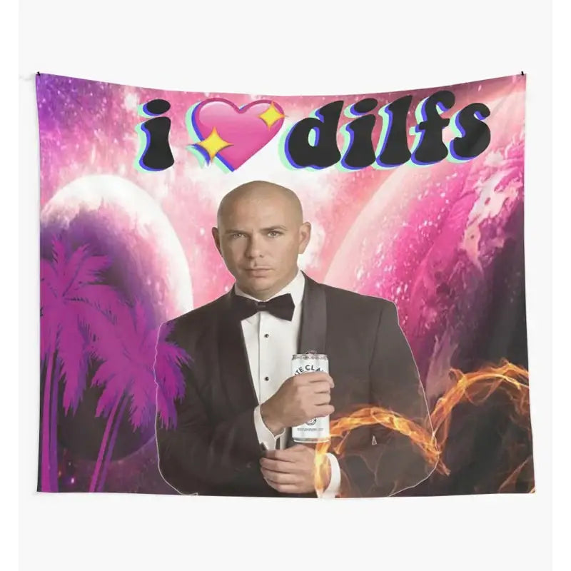 Pink and purple bulldog fun tapestry bedroom wall hanging featuring a vibrant galaxy design and a tuxedo man decorbites bulldog fun