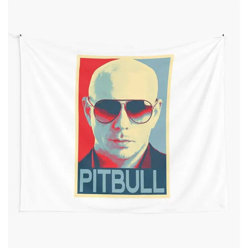 White wall tapestry with stylized pitbull portrait in red blue and beige decorbites bulldog fun tapestry bedroom decor