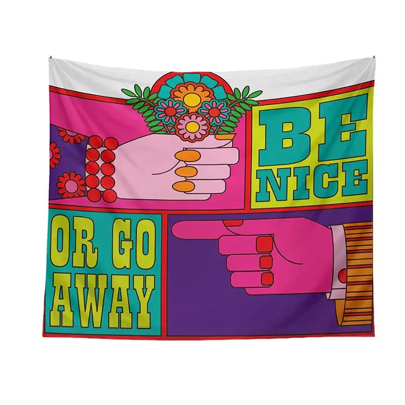 Pink and purple psychedelic hippie tapestry featuring baphomet psychedelic stylized hands flowers and blocky lettering wall hanging