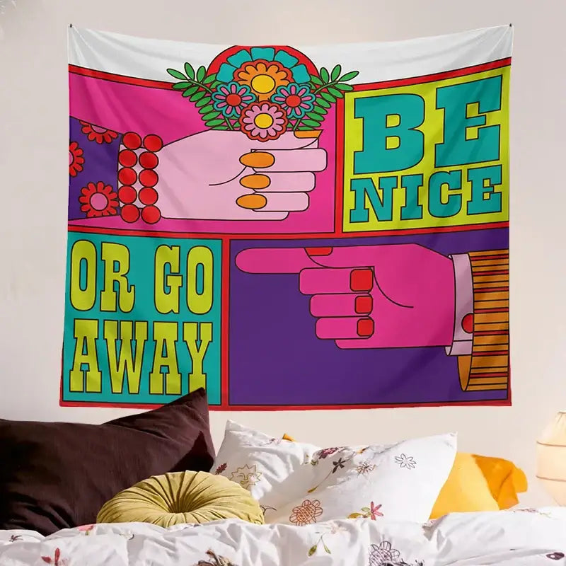 Pink and purple psychedelic hippie tapestry with baphomet psychedelic hands holding flowers and be nice or go away text wall hanging