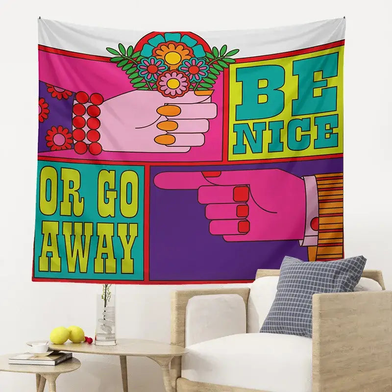 Pink and purple psychedelic hippie tapestry with bold graphic hands and be nice or go away text for bedroom wall hanging