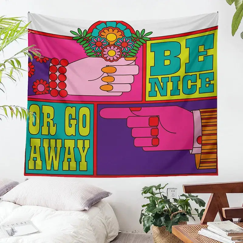 Pink and purple psychedelic hippie tapestry with bold panels and illustrated hands featuring baphomet psychedelic style