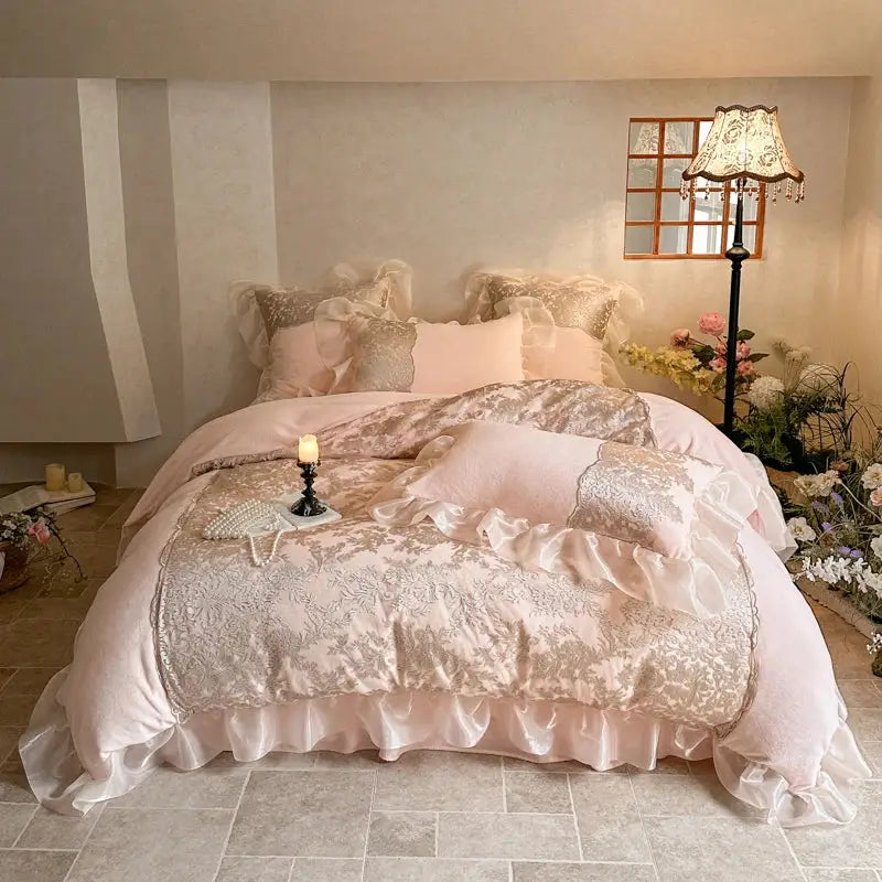 Pink and silver french lace ruffles bedding set with satin edges by decorbites for elegant bedroom decor