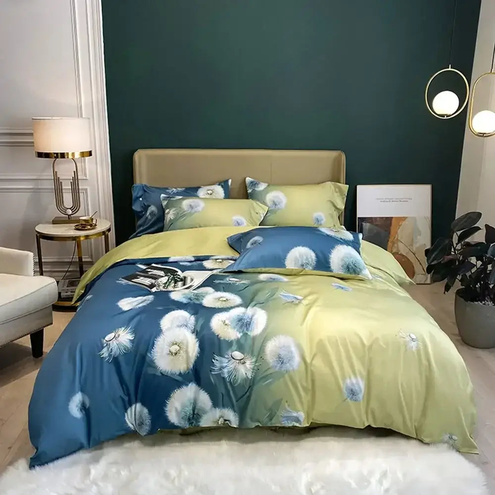 Blue and yellow dandelion themed duvet set with satin finish paired with pink and teal floral egyptian cotton bedding set