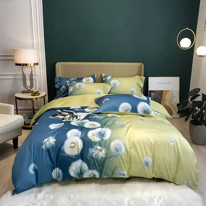 Blue and yellow dandelion themed duvet set with satin finish paired with pink and teal floral egyptian cotton bedding set