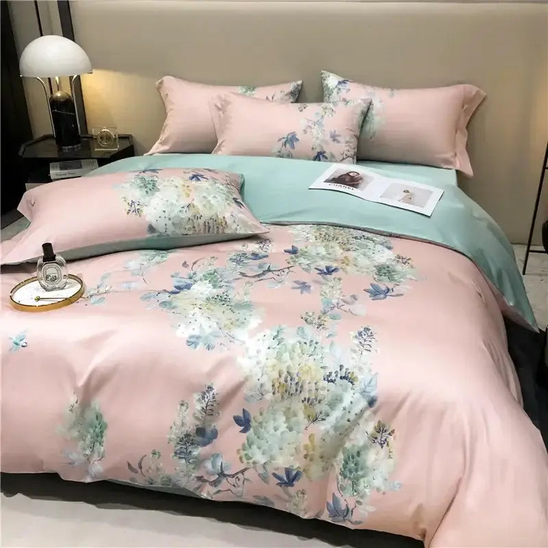 Pink and teal floral egyptian cotton bedding set with pink floral duvet cover and mint green watercolor botanical accents