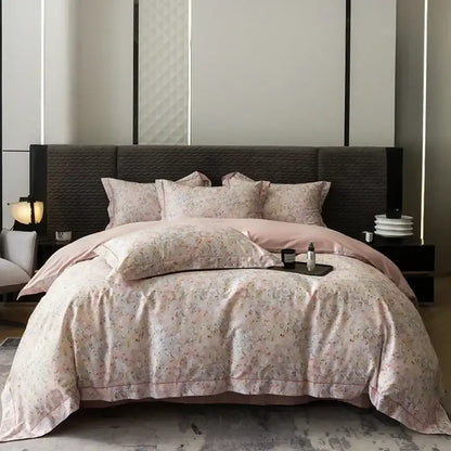 Pink and teal floral egyptian cotton bedding set featuring satin texture and delicate embroidery for bedroom use