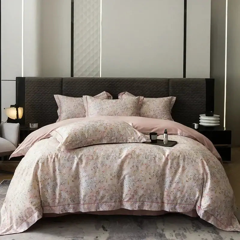 Pink and teal floral egyptian cotton bedding set featuring satin texture and delicate embroidery for bedroom use