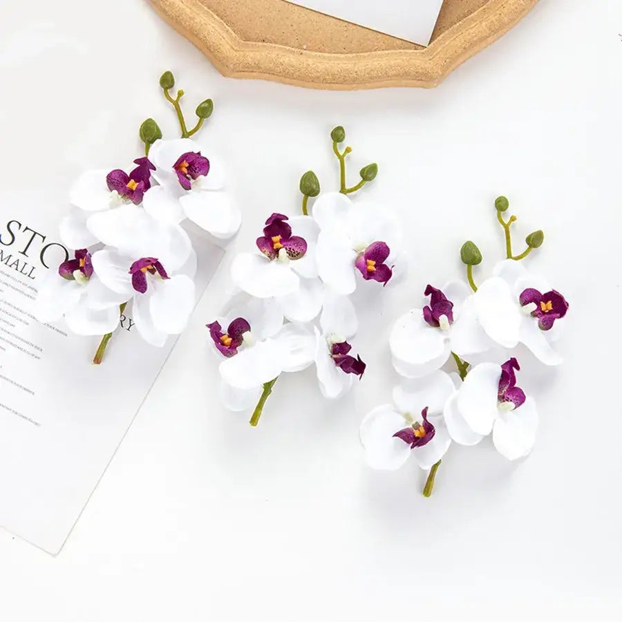 White and purple artificial flower stems with green stems for pink and white artificial flower wedding garden arch decor