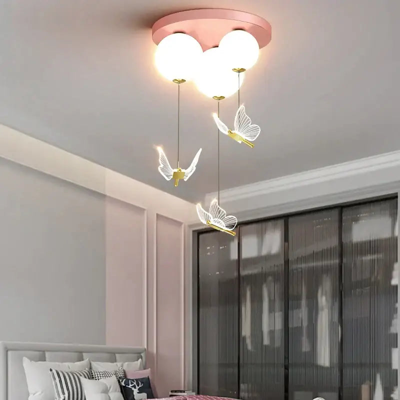 Pink and white butterfly ball ceiling lamp with three white globe bulbs and butterfly pendant lights for bedroom decorbites butterfly ball