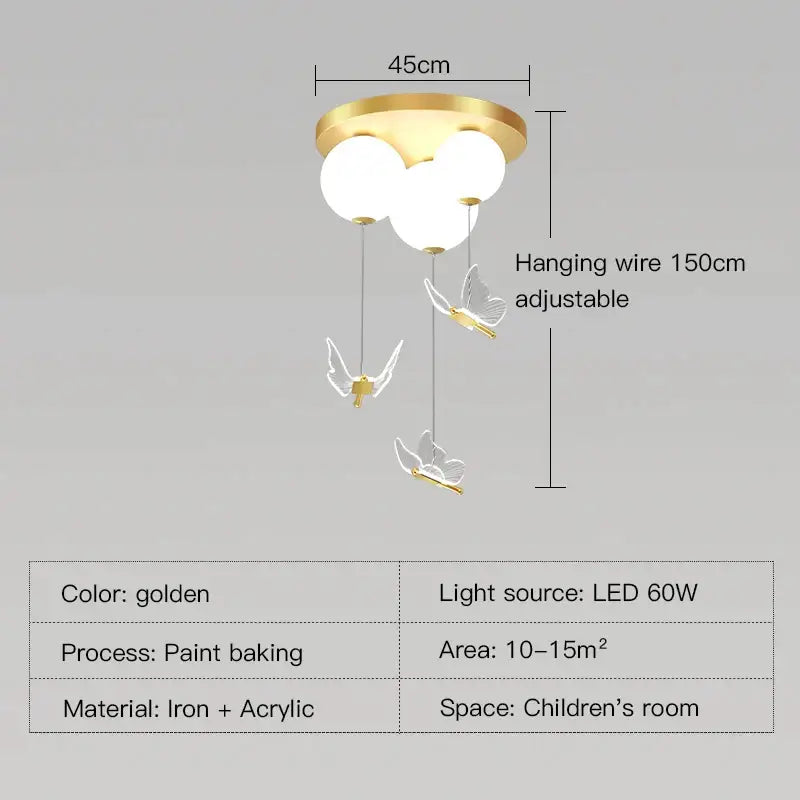 Pink and white butterfly ball ceiling lamp with golden pendant light and frosted acrylic globe bulbs by decorbites butterfly ball