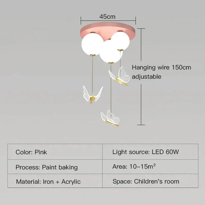 Pink and white butterfly ball ceiling lamp with three spherical bulbs and butterfly ornaments on adjustable wire by decorbites