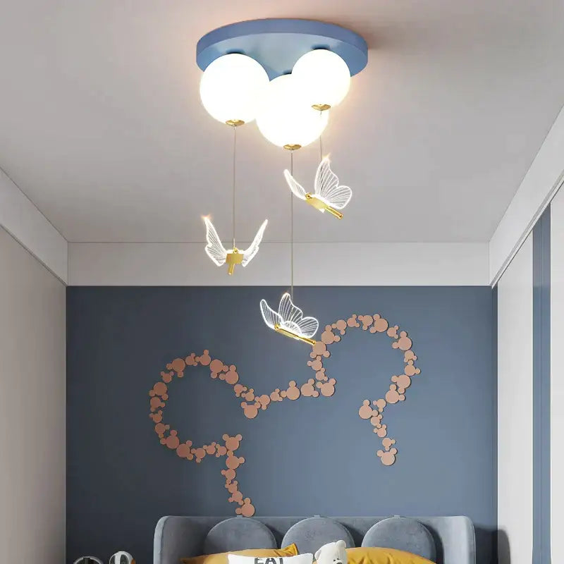 Blue ceiling ball ceiling lamp with three white bulbs and hanging translucent butterfly decorbites butterfly ball ornaments