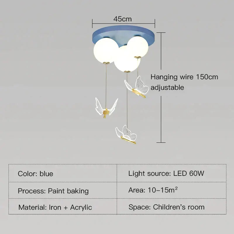 Blue ceiling ball ceiling lamp with three white spherical bulbs and gold butterfly ball decorbites butterfly ball design