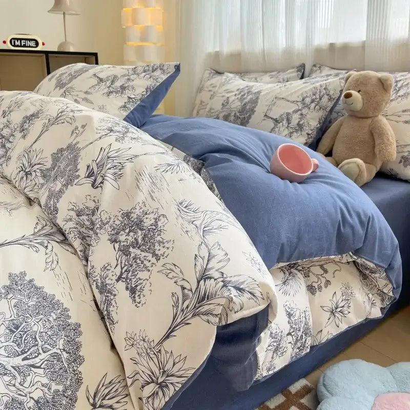 Blue floral duvet quilt cover set with black botanical prints and plush texture for decorbites cartoon printed cotton bedding
