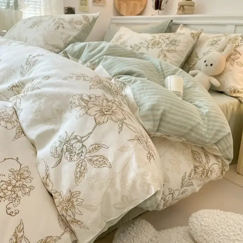 Cream-colored quilt cover with delicate beige floral embroidery and subtle striped lining from decorbites cartoon printed cotton set