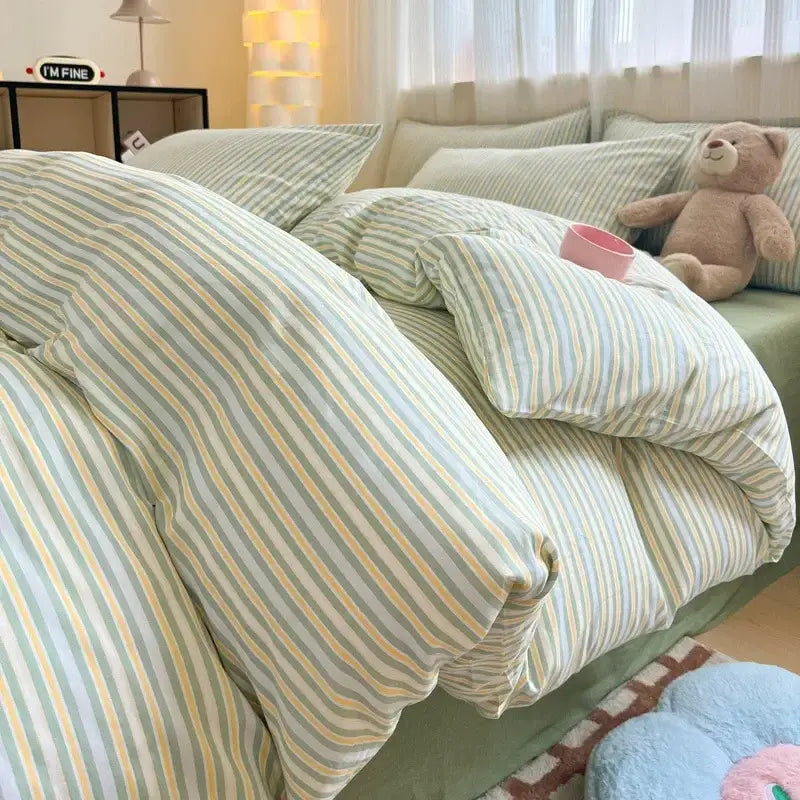 Soft pastel striped duvet set with green yellow and white stripes in decorbites cartoon printed cotton quilt cover bedroom bedding set