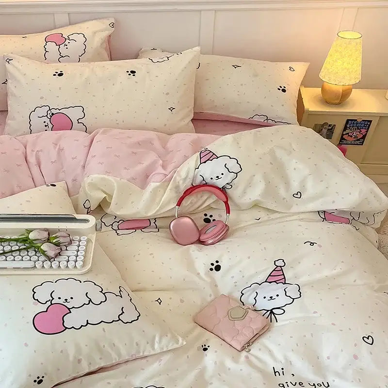 Pink and white cartoon printed cotton quilt cover bedding set with soft plush fabric by decorbites for bedroom use