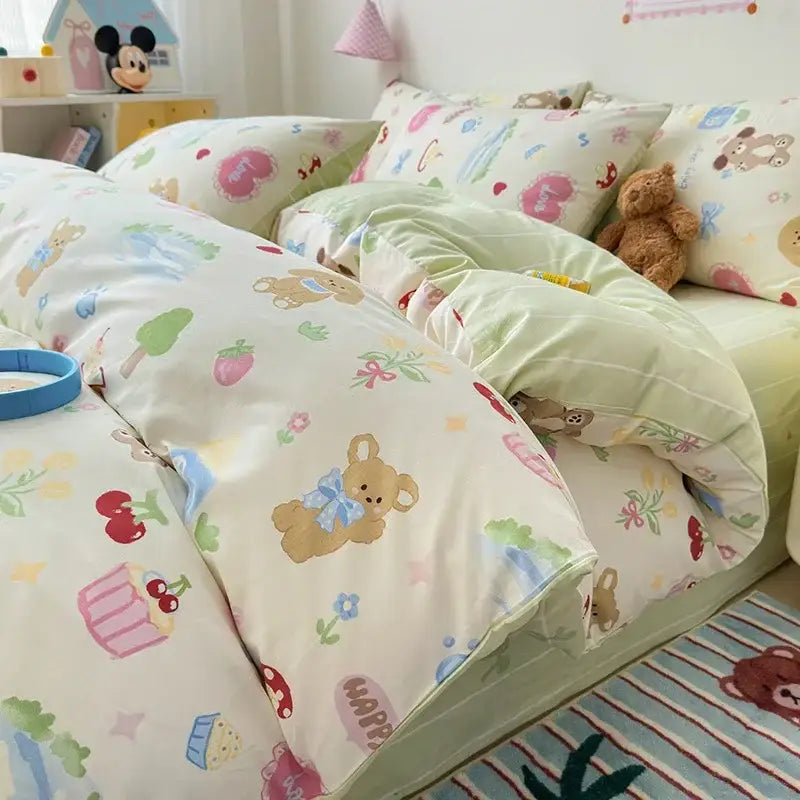 Pastel green and cream decorbites cartoon printed cotton quilt cover with cute bear strawberry and flower patterns