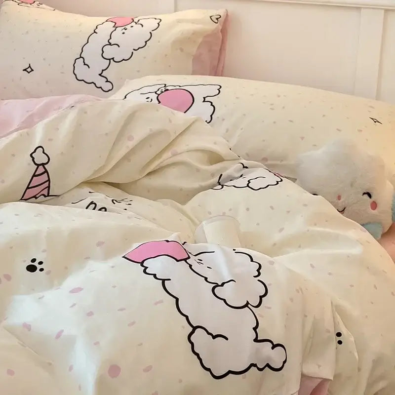 Cream-colored quilt cover with decorbites cartoon printed pink and black clouds and subtle polka dots in cotton