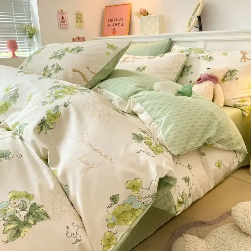 Cream-colored quilt cover with delicate green grapevine pattern and summer day embroidery in decorbites cartoon printed cotton