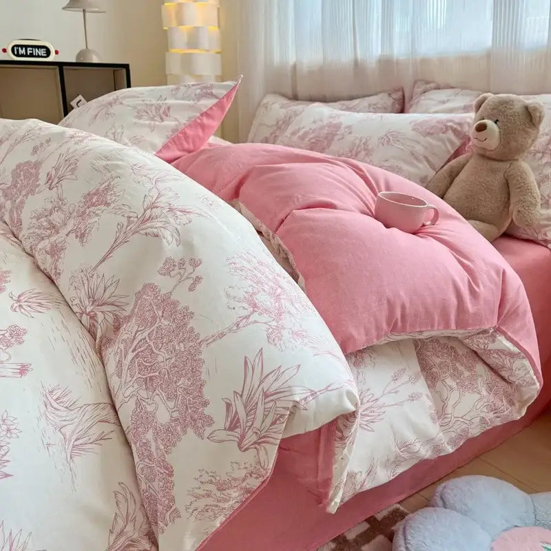 Pink and white cartoon printed cotton quilt cover set with plush floral pattern and matching pillowcases by decorbites