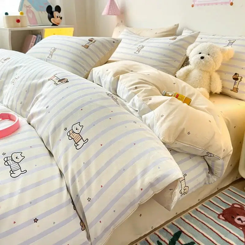 Pink and white cartoon printed cotton quilt cover with pastel stripes and embroidered cats for bedroom decorbites bedding set