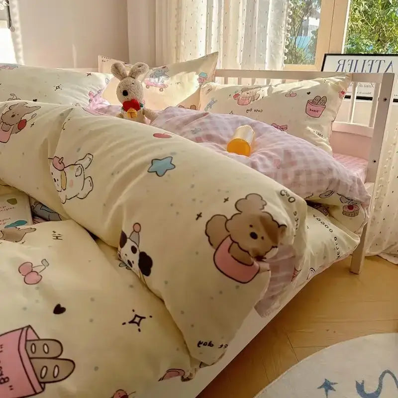 Cream-colored quilt cover with decorbites cartoon printed cotton featuring cute animals and pastel accents