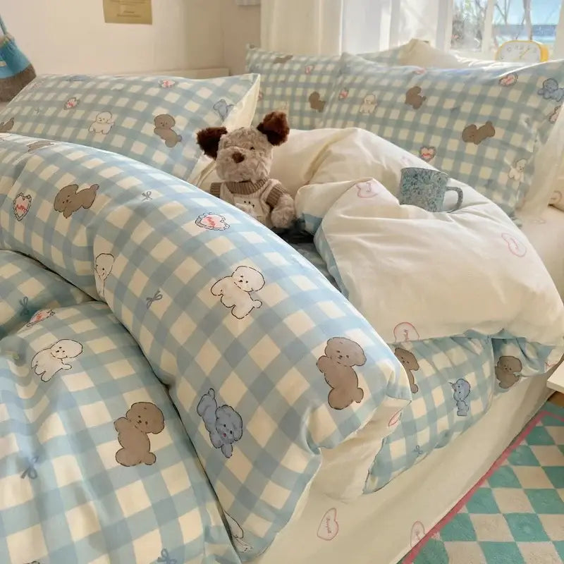 Blue and white checkered quilt cover with cute cartoon puppy prints in decorbites cartoon printed cotton bedroom bedding set