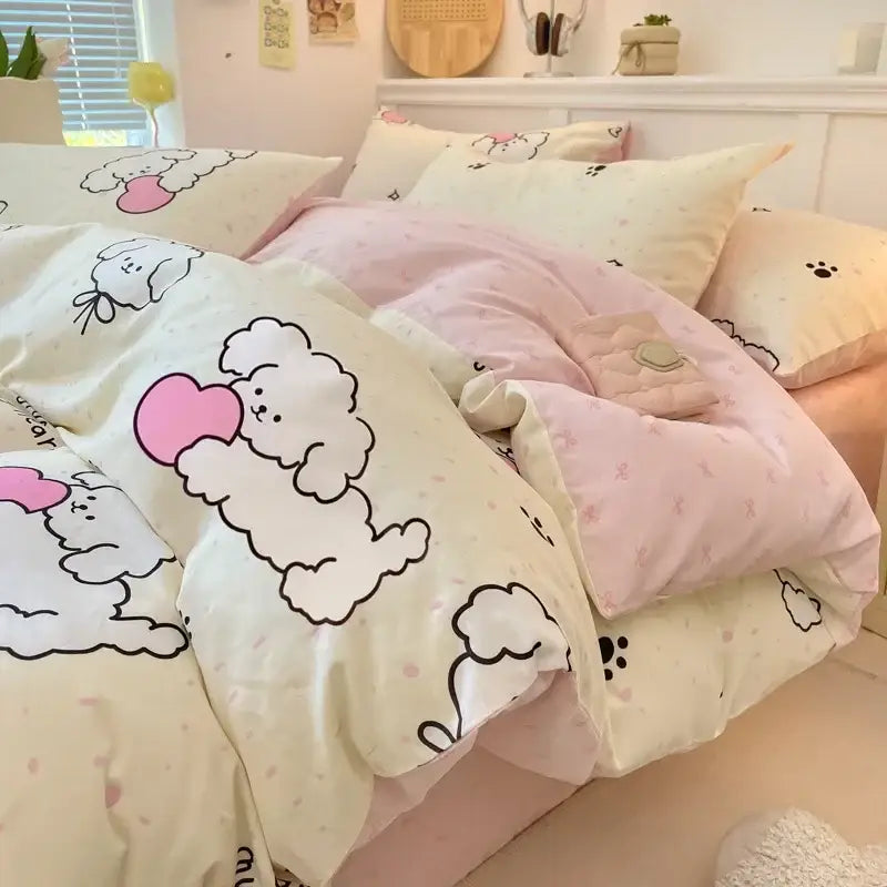 Pink and white cartoon printed cotton quilt cover featuring pastel pink and cream bedding with poodles holding hearts