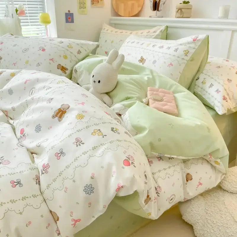 Pastel green and white floral-patterned soft plush fabric quilt cover for bedroom from decorbites cartoon printed cotton set