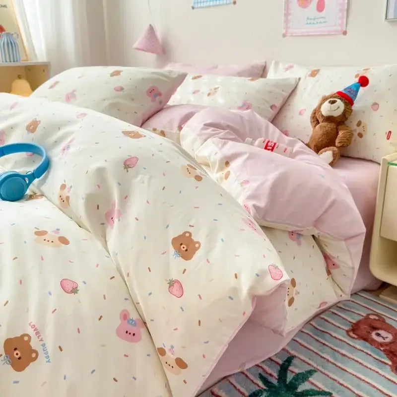 Cute cream-colored quilt cover with playful bear and strawberry prints from decorbites cartoon printed cotton bedding set