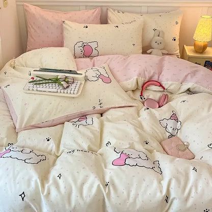 Pink and white cartoon printed cotton quilt cover bedding set with soft quilted texture by decorbites cartoon printed