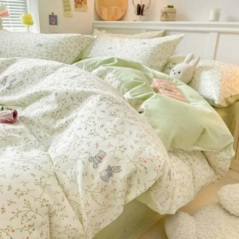 Soft mint green and cream floral quilt cover with embroidered teddy bear and bunny decorbites cartoon printed cotton set