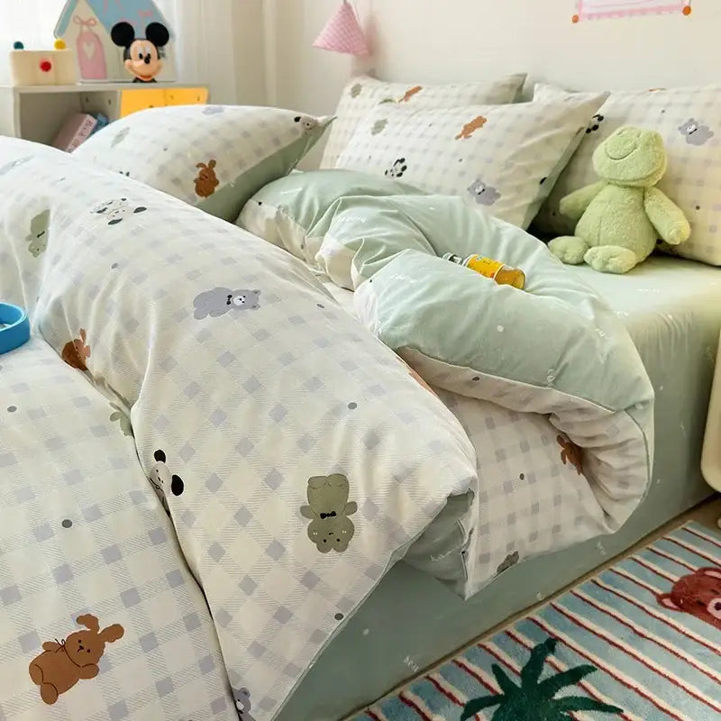 Pastel green and white checkered cartoon printed cotton quilt cover with embroidered animal prints by decorbites