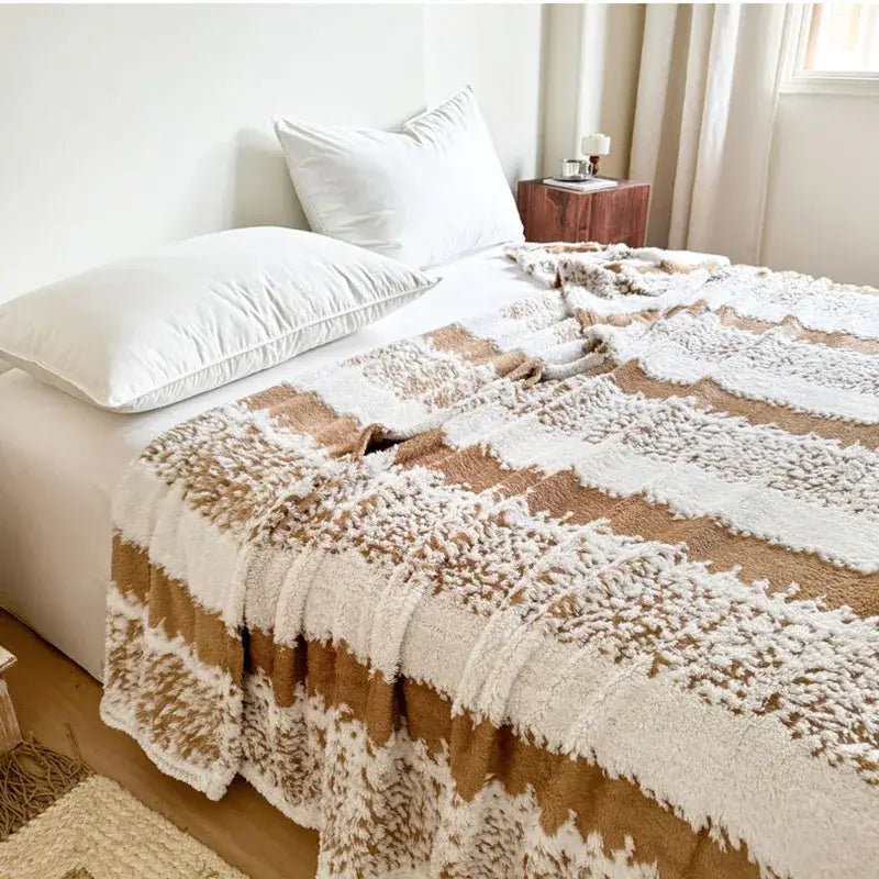 Pink and white cationic jacquard blanket with cream and tan textured plush throw for cozy bedroom decorbites cationic jacquard