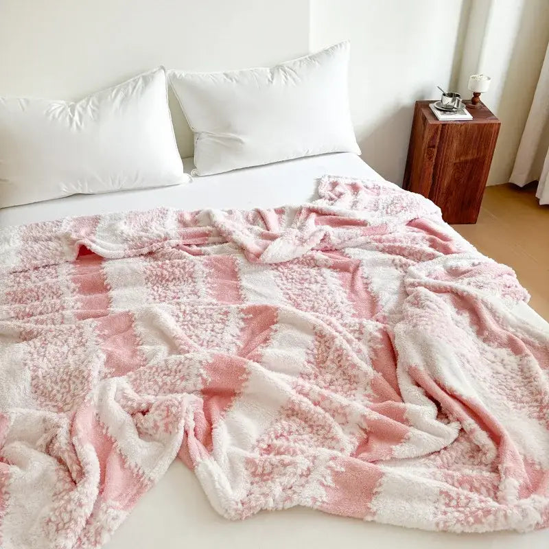 Pink and white decorbites cationic jacquard blanket with textured plush throw for bedroom decor and comfort