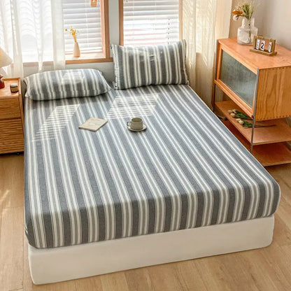 Gray and white cotton stripe fitted sheet with subtle textured weave for decorbites cotton stripe bedroom mattress cover