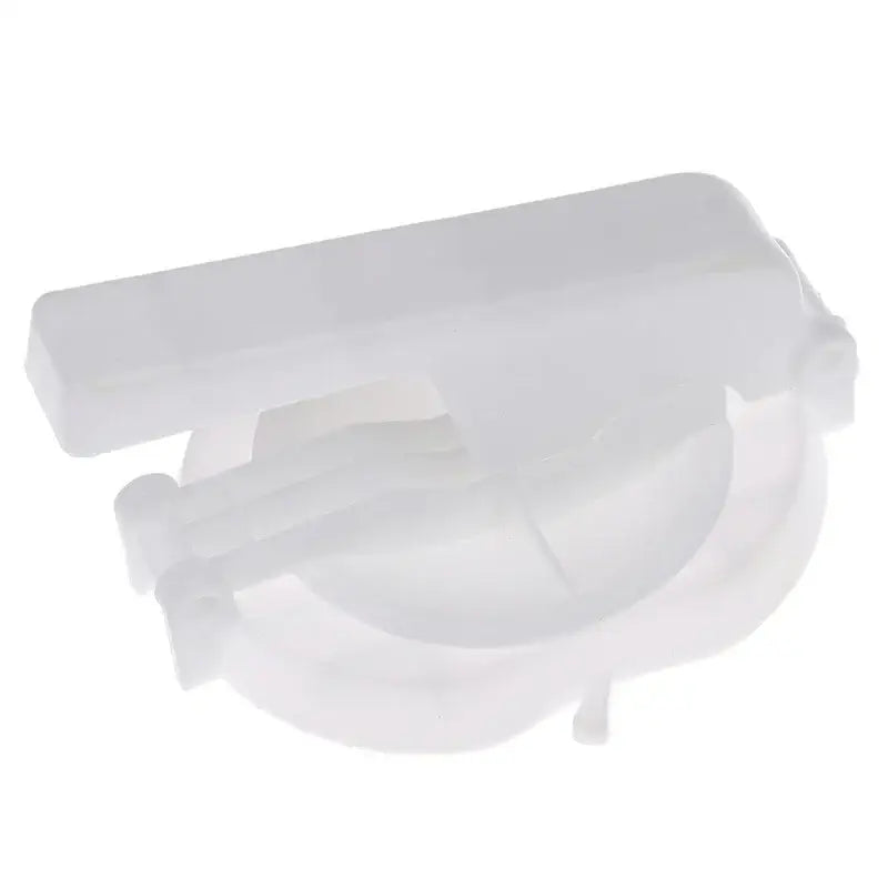 Transparent plastic pink and white dumpling wrapper presser mold with hinged lid and circular base baking tool