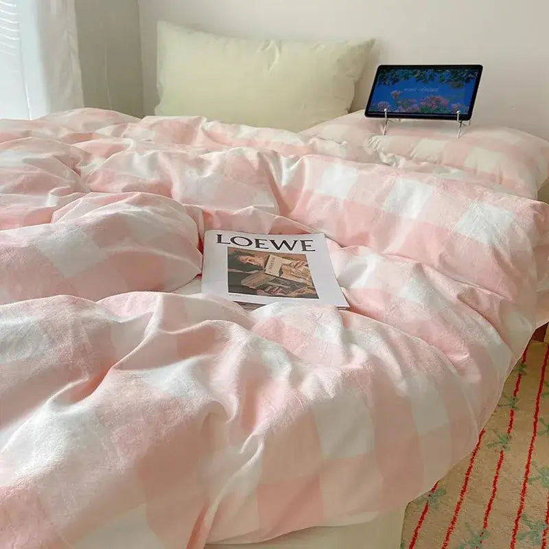 Pink and white checkered duvet cover in soft slightly shiny fabric from decorbites cozy cotton grid bedding sets