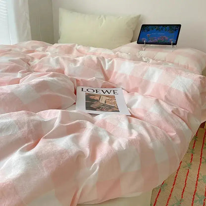 Pink and white checkered duvet cover in soft slightly shiny fabric from decorbites cozy cotton grid bedding sets