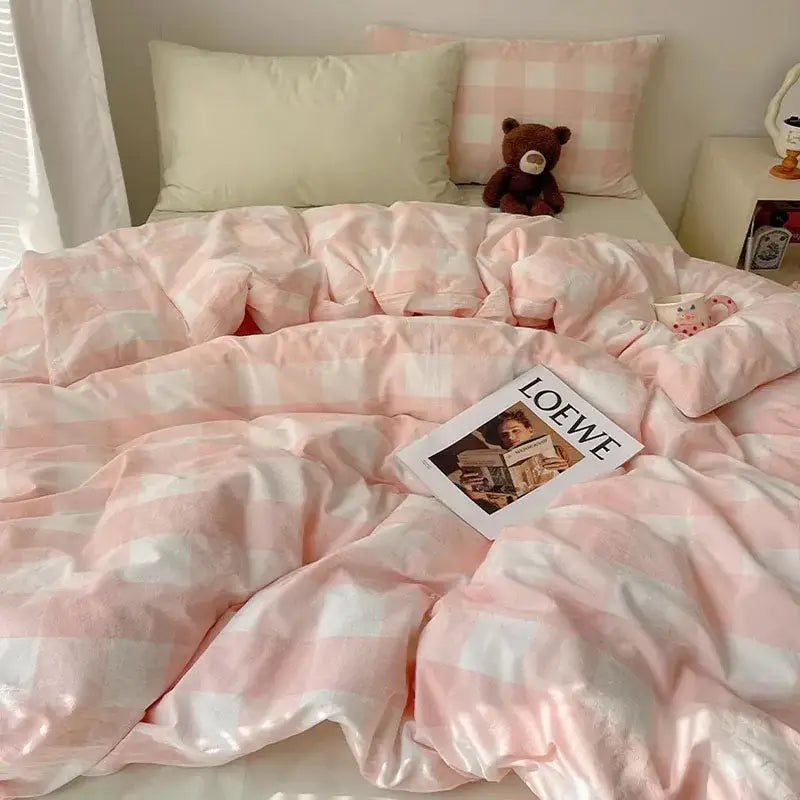 Pink and white gingham cozy cotton grid bedding sets with a satin-like sheen for decorbites cozy cotton bedroom decor